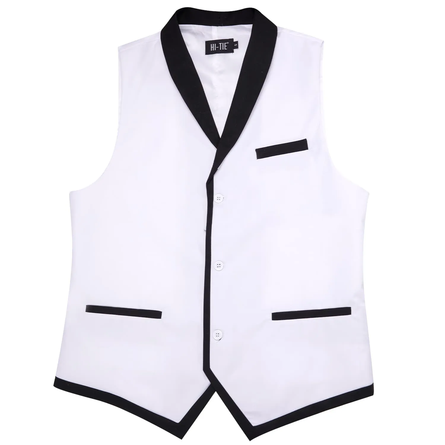 Hi-Tie Black Shawl Collar White Solid Waistcoat Formal Vests for Business