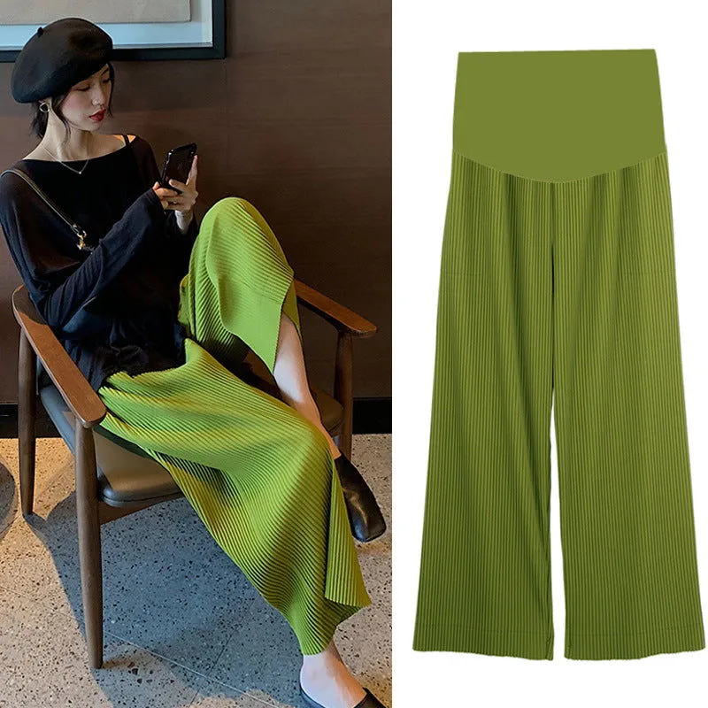 High Waist Belly Pleated Wide Legs Maternity Pants