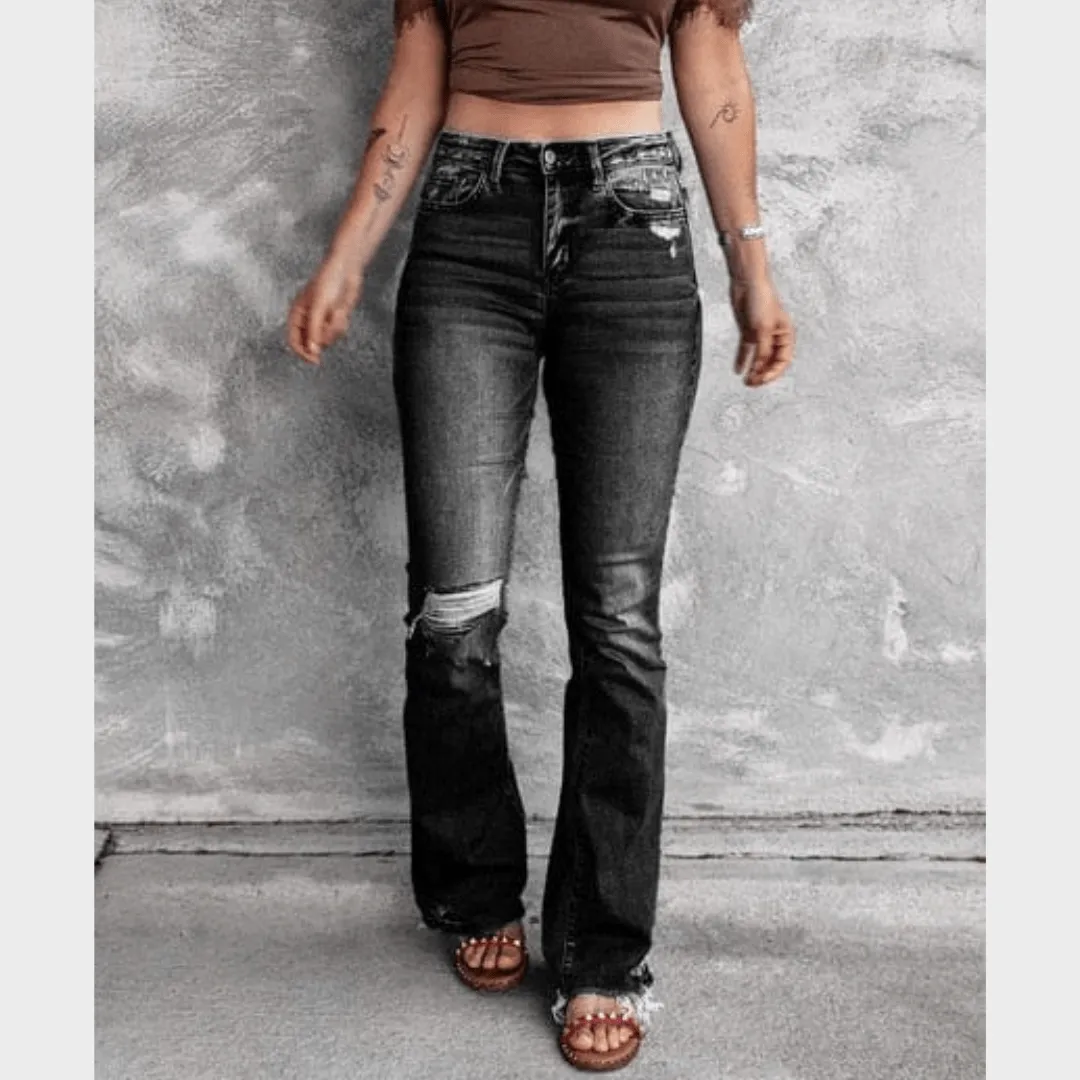 High Waist Ripped Flare Leg Denim Jeans