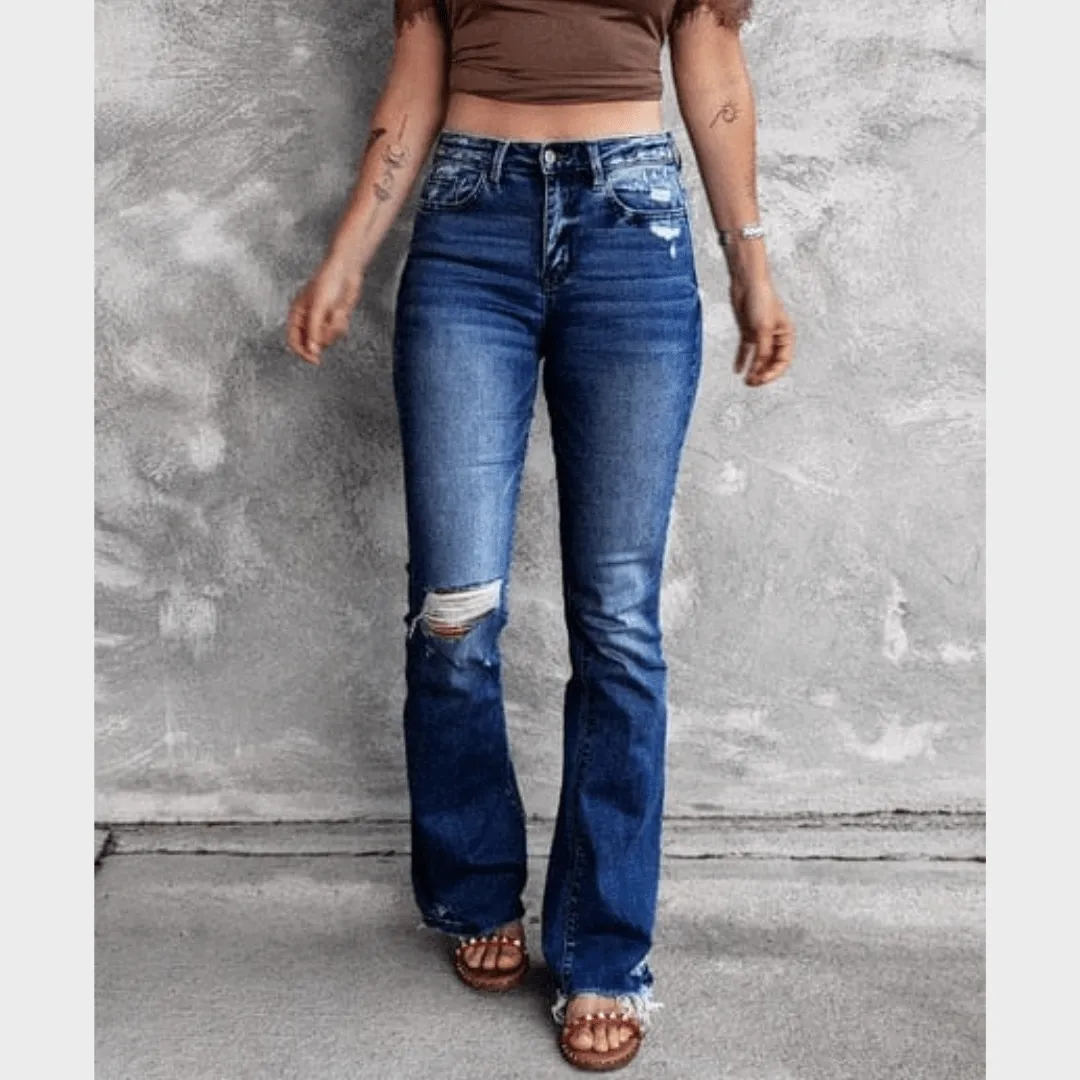 High Waist Ripped Flare Leg Denim Jeans