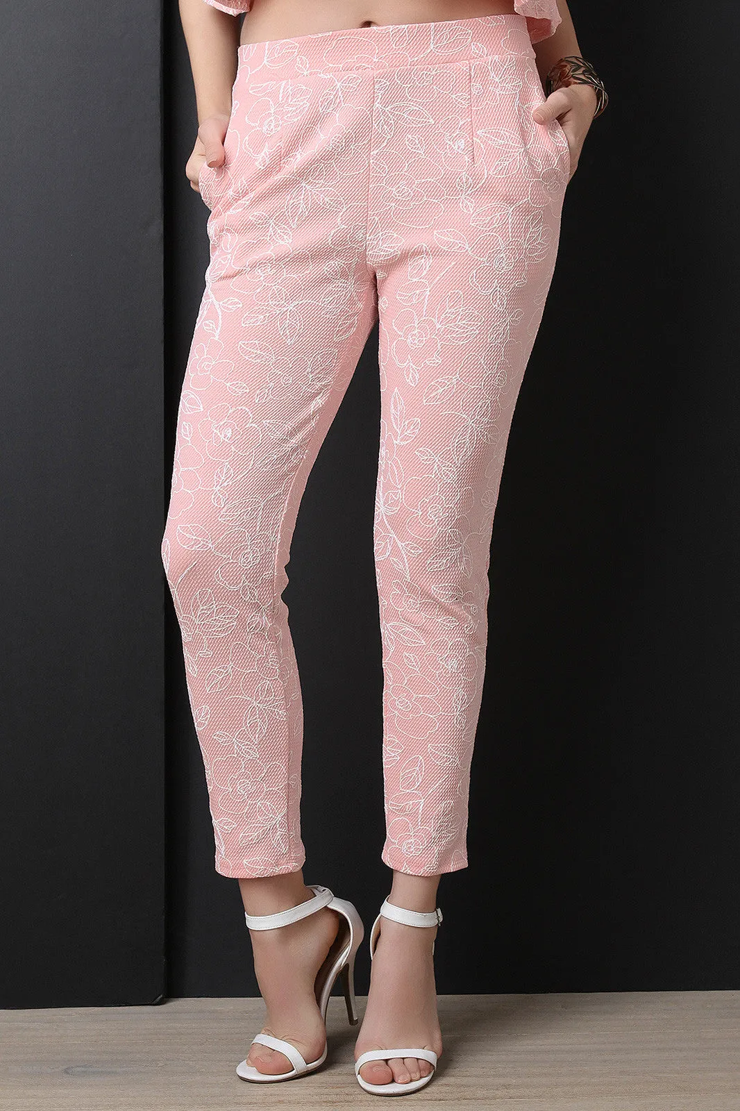 High Waisted Textured Floral Print Stretchy Pants