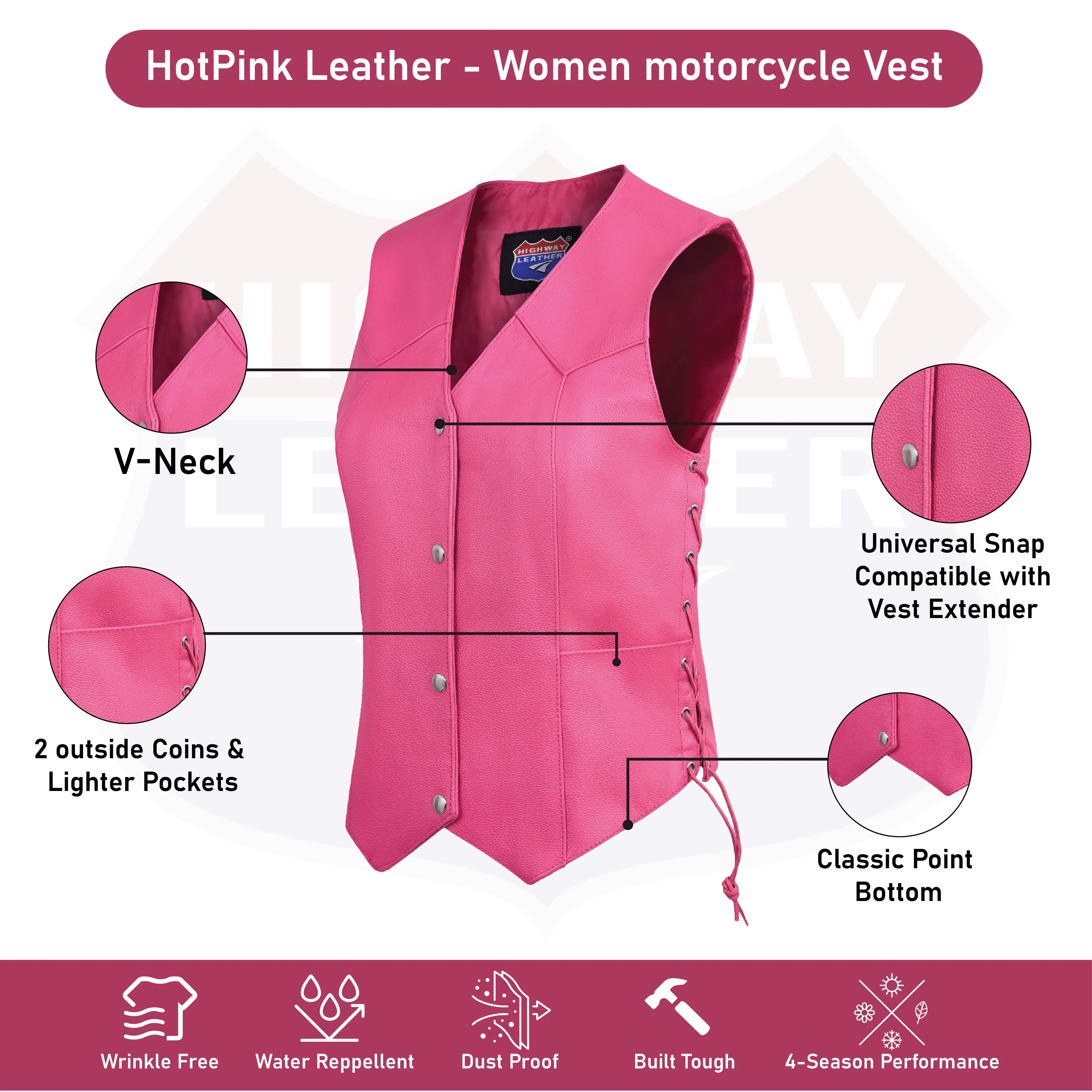 HL14501 HotPink Women's HotPink color side laced Leather Vest with Gun pockets for clubs