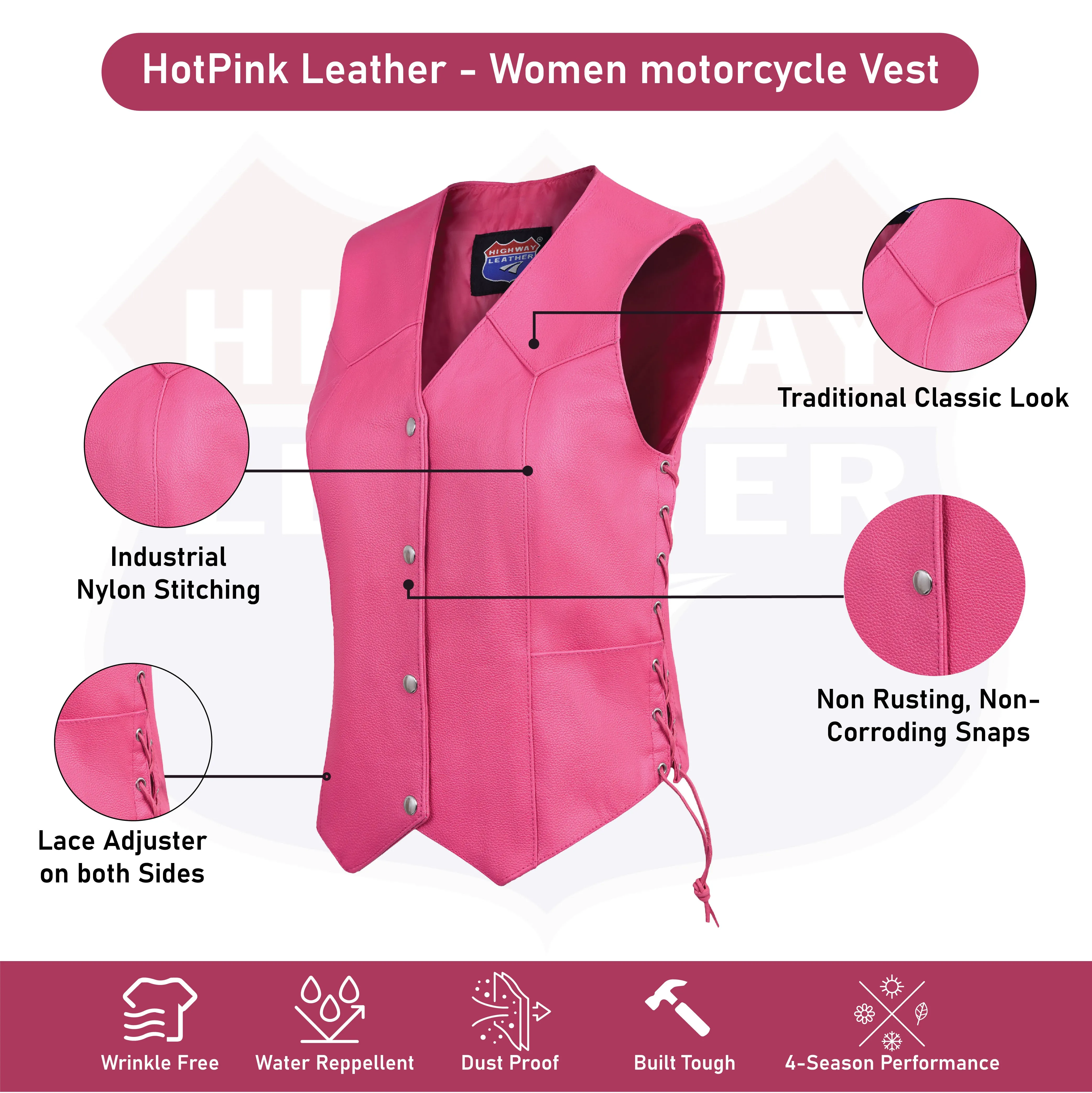 HL14501 HotPink Women's HotPink color side laced Leather Vest with Gun pockets for clubs