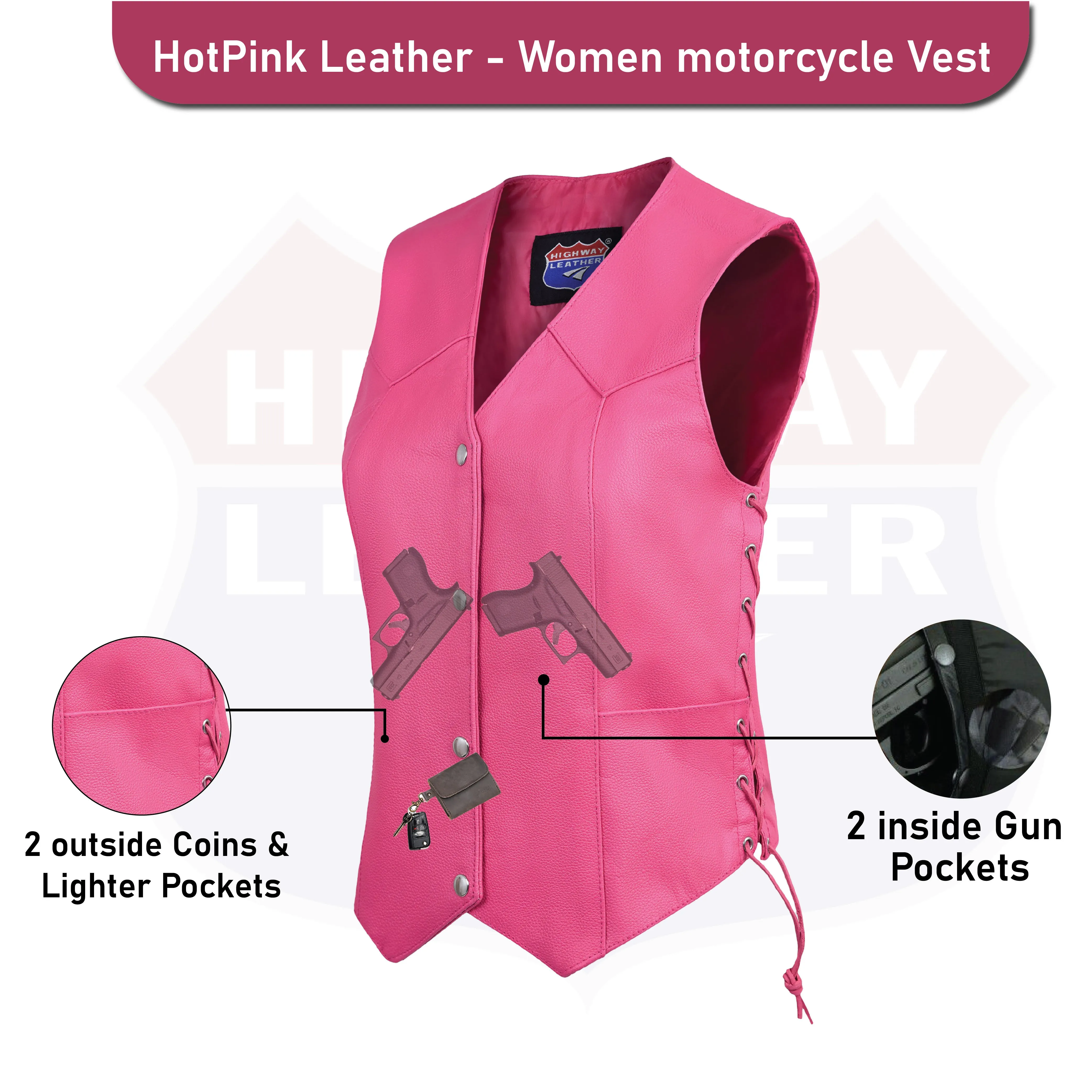 HL14501 HotPink Women's HotPink color side laced Leather Vest with Gun pockets for clubs