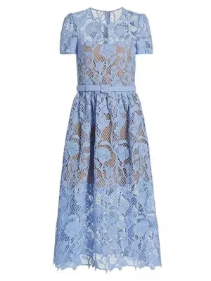 Hollow Lace Sheer vintage Dress For Women O Neck Short Sleeve High Waist Patchwork Belt Midi Dresses Female Fashion Clothing