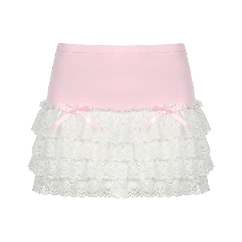 Hotsweet Korean Bow Mini Skirt Lace Patchwork Ruched Cute Coquette Summer Skirts for Women Cutecore Lolita Contrast