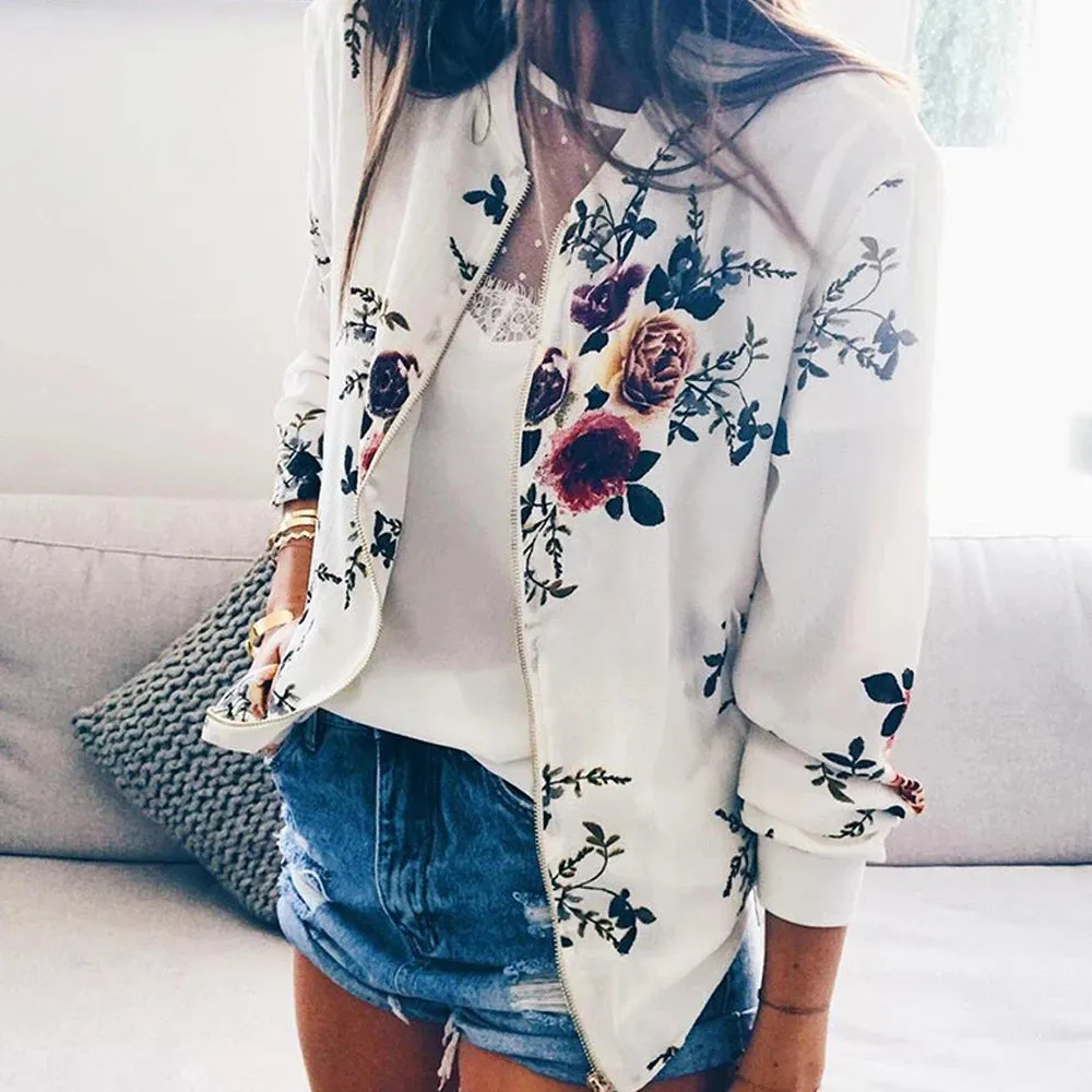 Jocoo Jolee Basic Jacket for Women Flower Print Long Sleeve Zipper Bomber Jacket Coat Autumn Winter Casual Windbreaker 2022