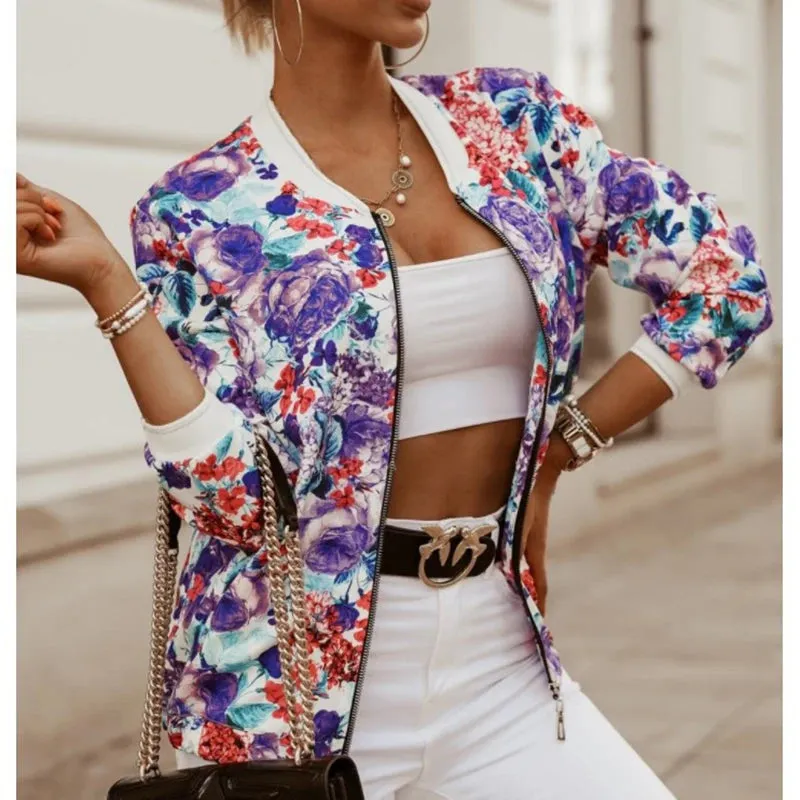 Jocoo Jolee Basic Jacket for Women Flower Print Long Sleeve Zipper Bomber Jacket Coat Autumn Winter Casual Windbreaker 2022