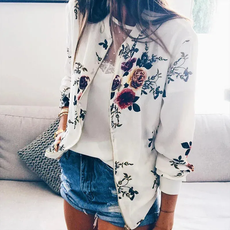 Jocoo Jolee Basic Jacket for Women Flower Print Long Sleeve Zipper Bomber Jacket Coat Autumn Winter Casual Windbreaker 2022