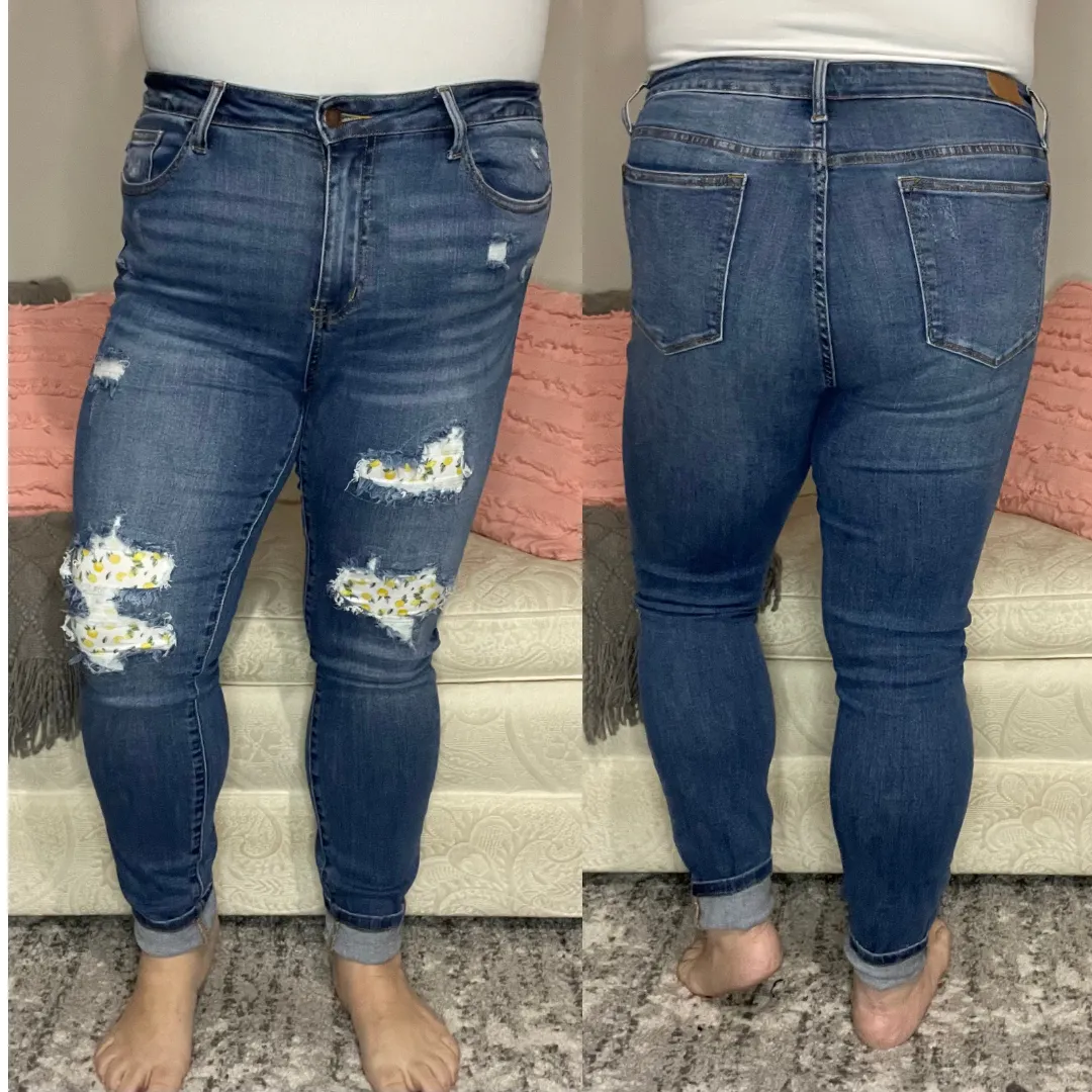 Judy Blue Distressed Lemon Patch Skinny Jeans