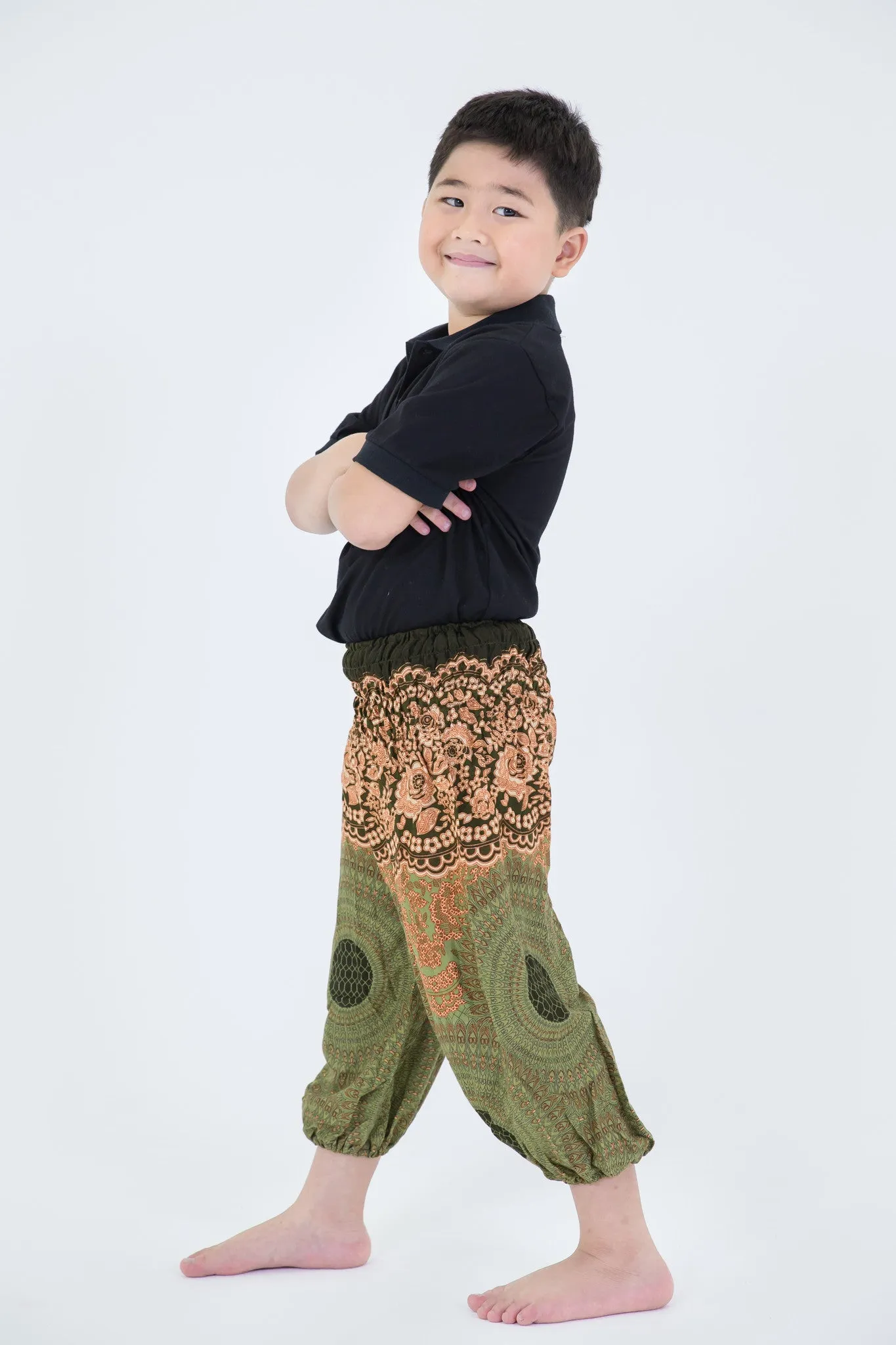 Kids Geometric Mandalas Harem Pants in Olive