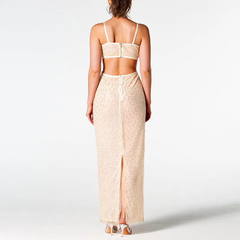 KittenAlarm - Arlette Beaded Backless Leather Detail Dress