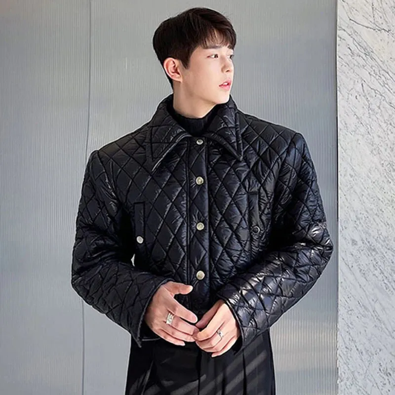 Korean Style Men's Padded Jacket Casual Single Breasted Solid Color Turn-down Collar Luxury Loose Male Clothing 9D1082