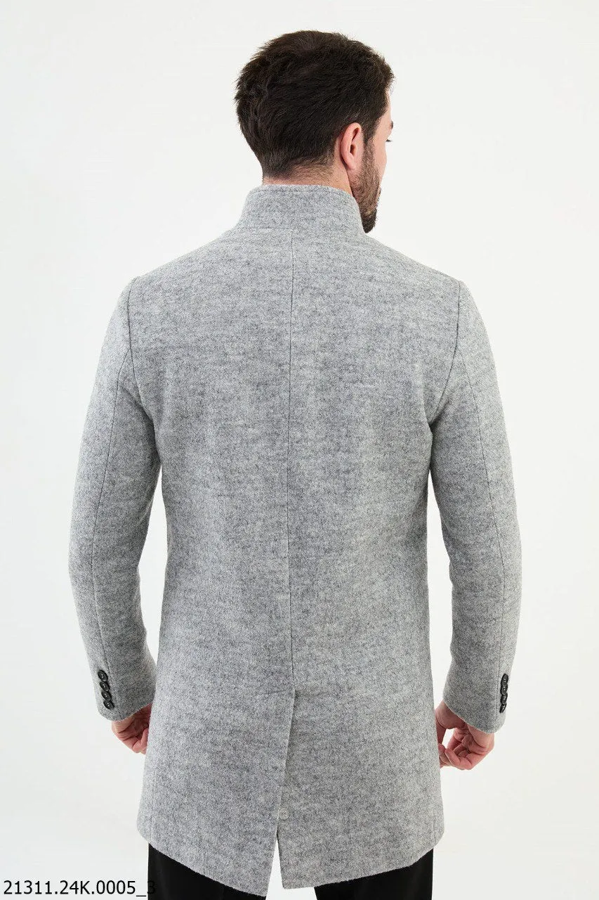 Light Gray Stand Collar Fall-Winter Cotton Blend Coat