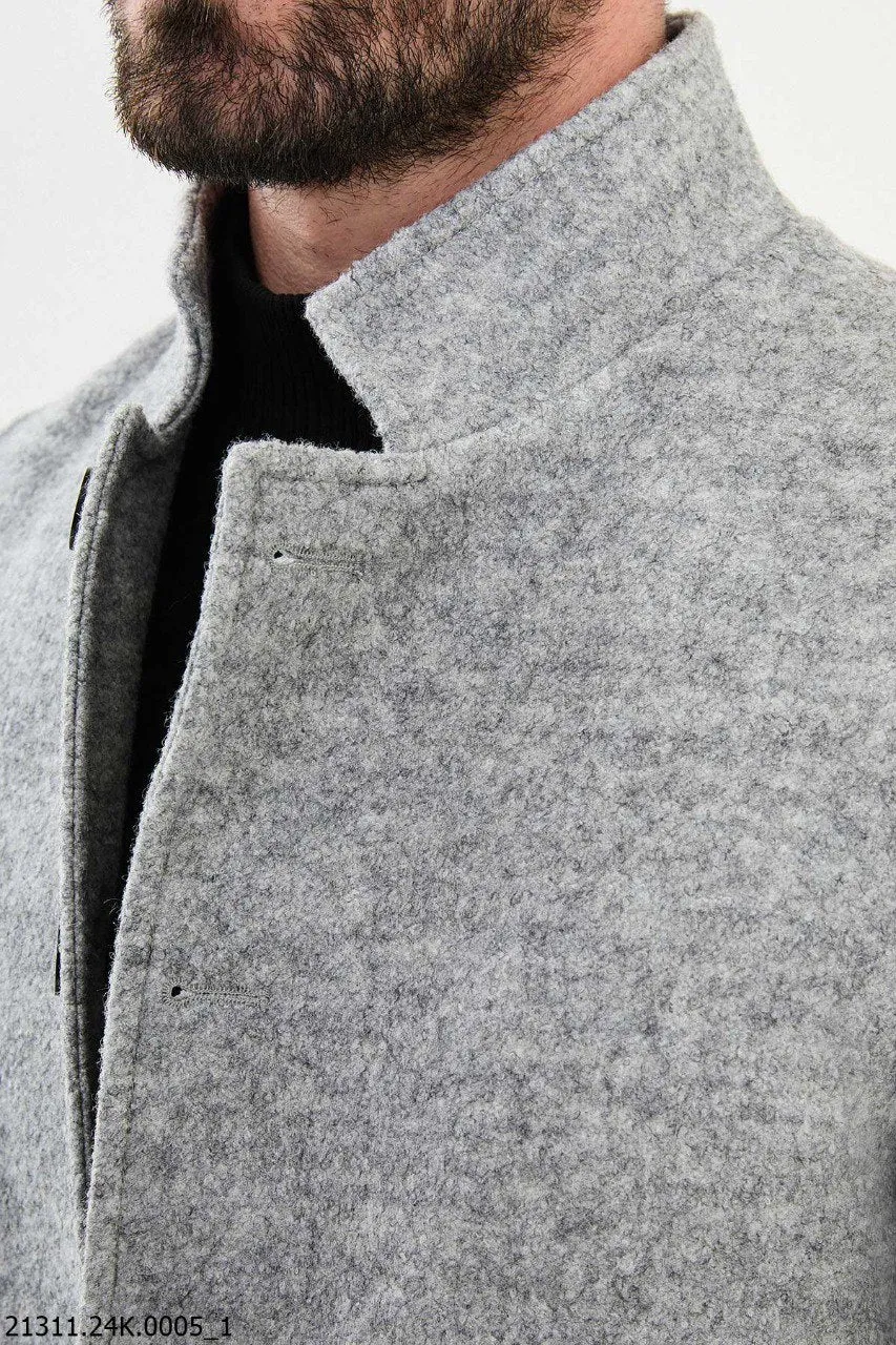 Light Gray Stand Collar Fall-Winter Cotton Blend Coat