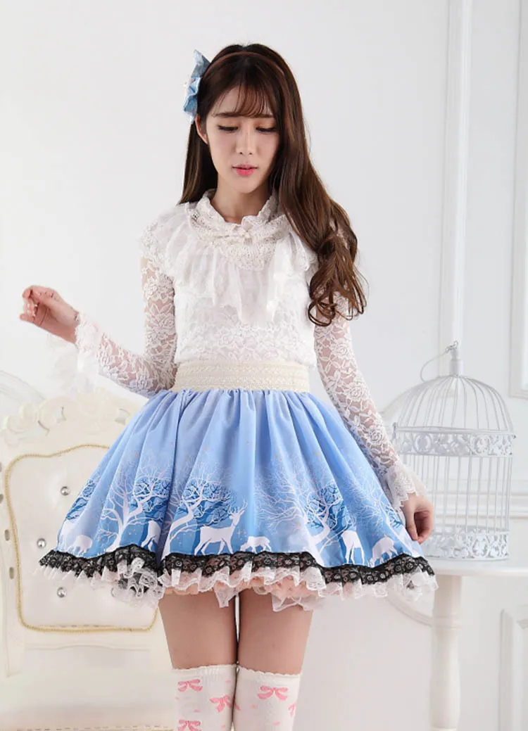 Light Sky Blue Sweet Christmas Reindeer and Tree Printed Lace Lolita Skirt for Lady