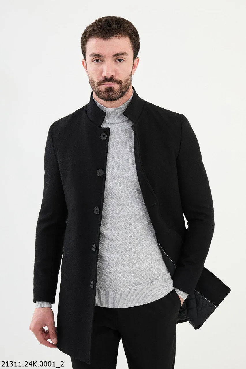 Men's Black Collar Cotton Blend Winter Coat