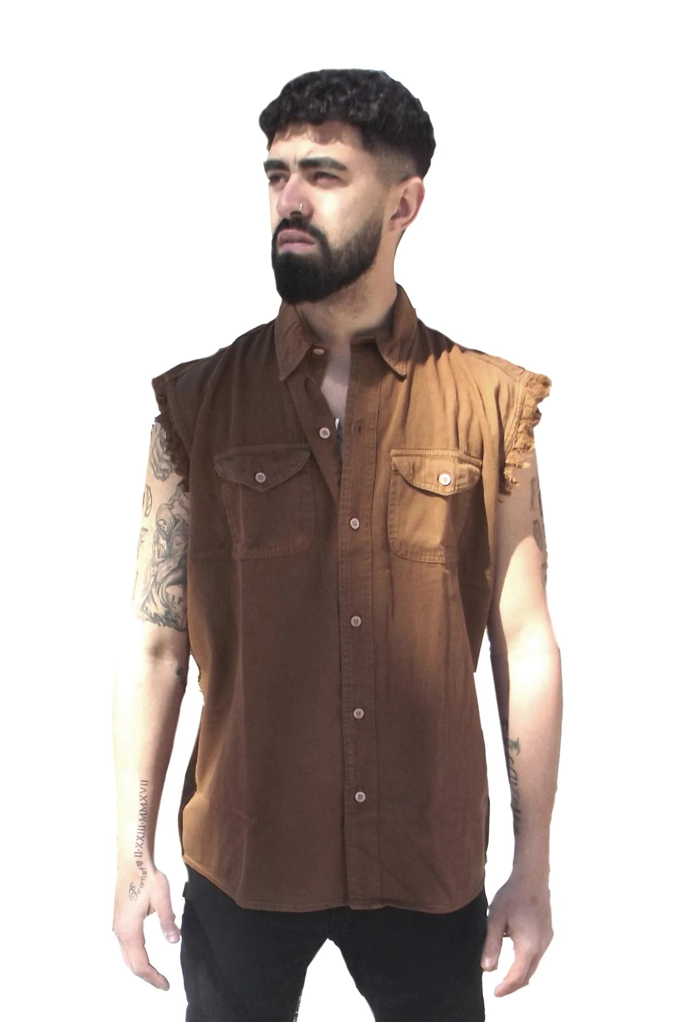 Mens Motorcycle Biker Shirt Chocolate Cut Off Sleeveless Cotton Denim Size M