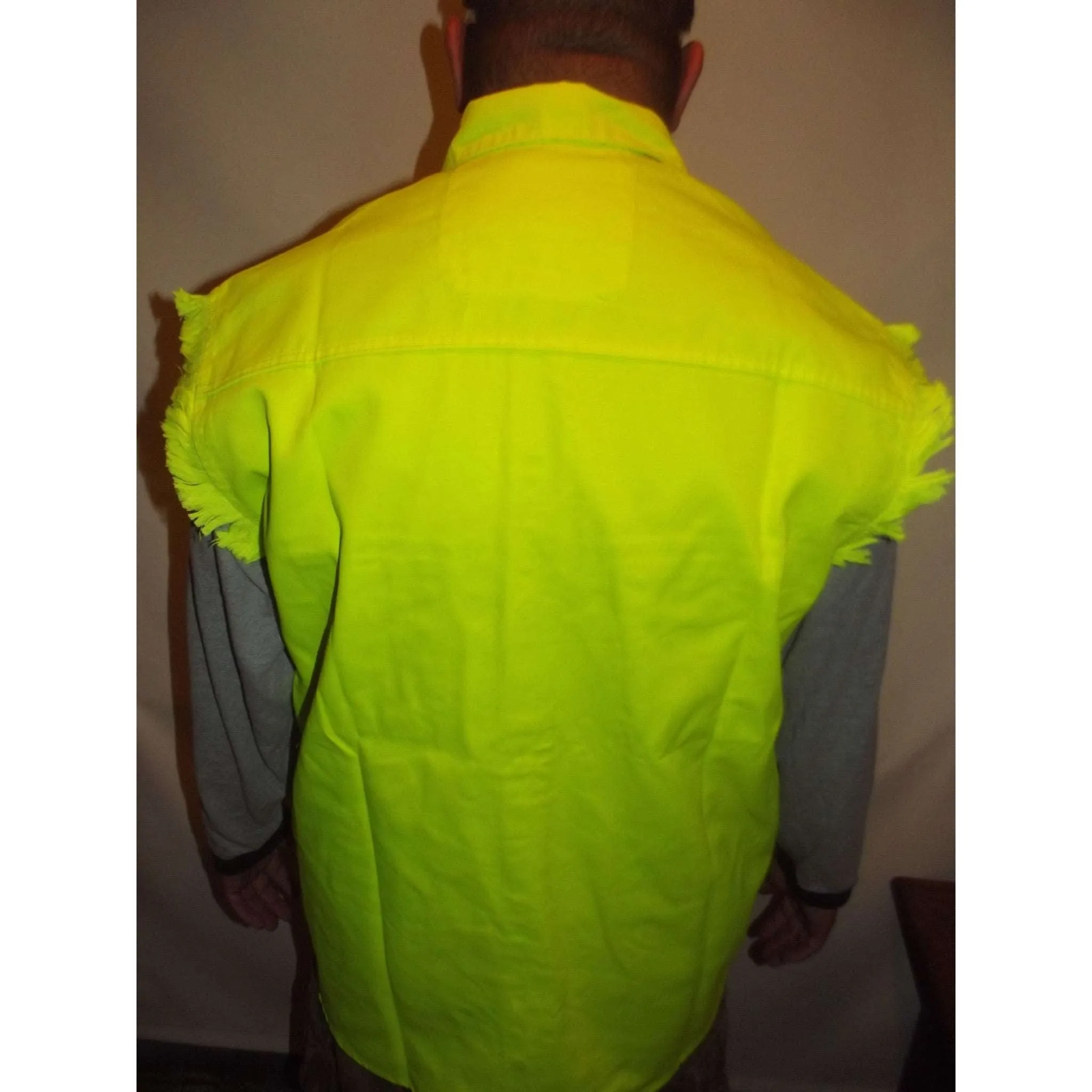 Mens Motorcycle Biker Shirt Fluorescent Yellow Cut Off Size Small