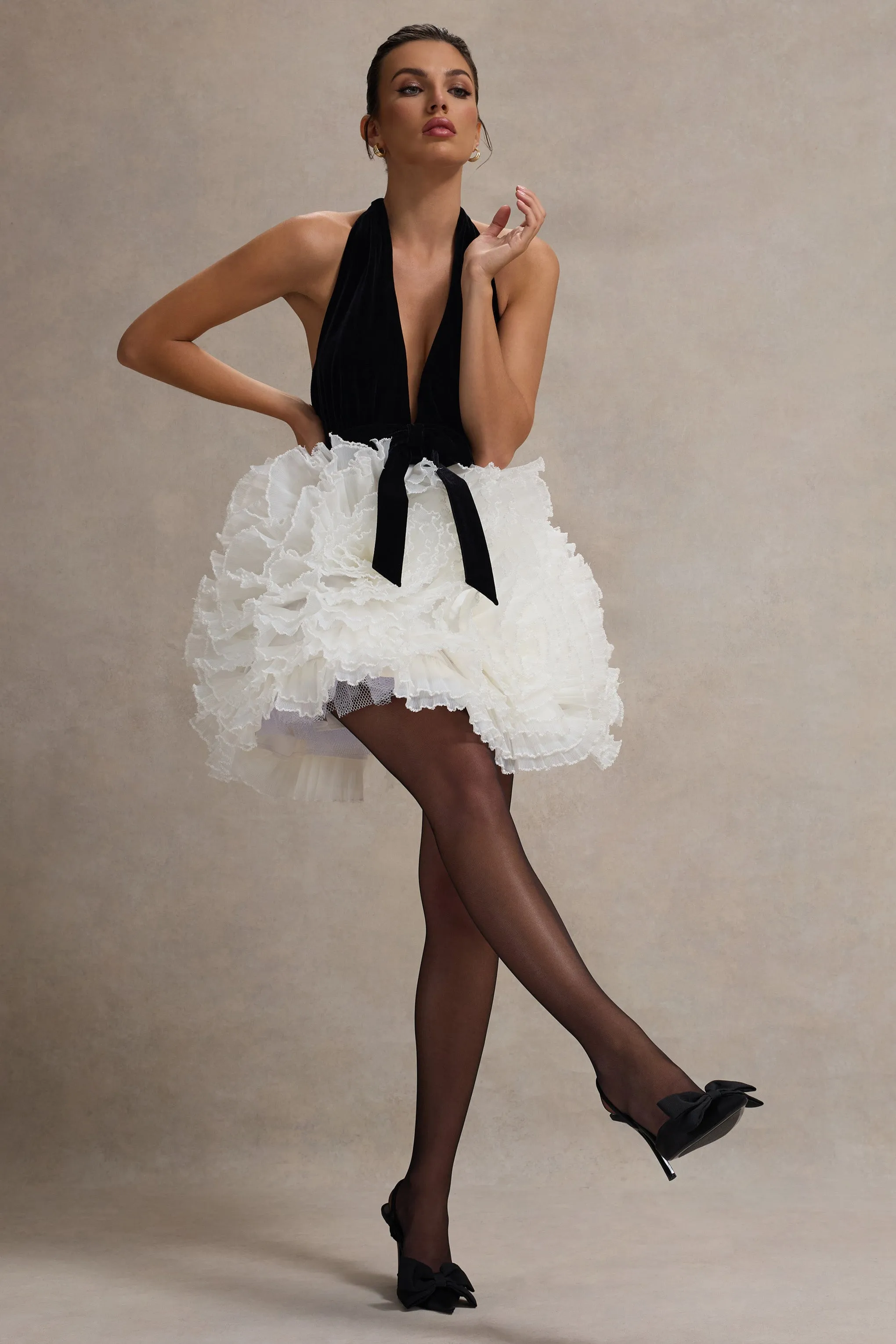 Meringue | Black Velvet Plunge-Neck Mini Dress With Tulle Skirt