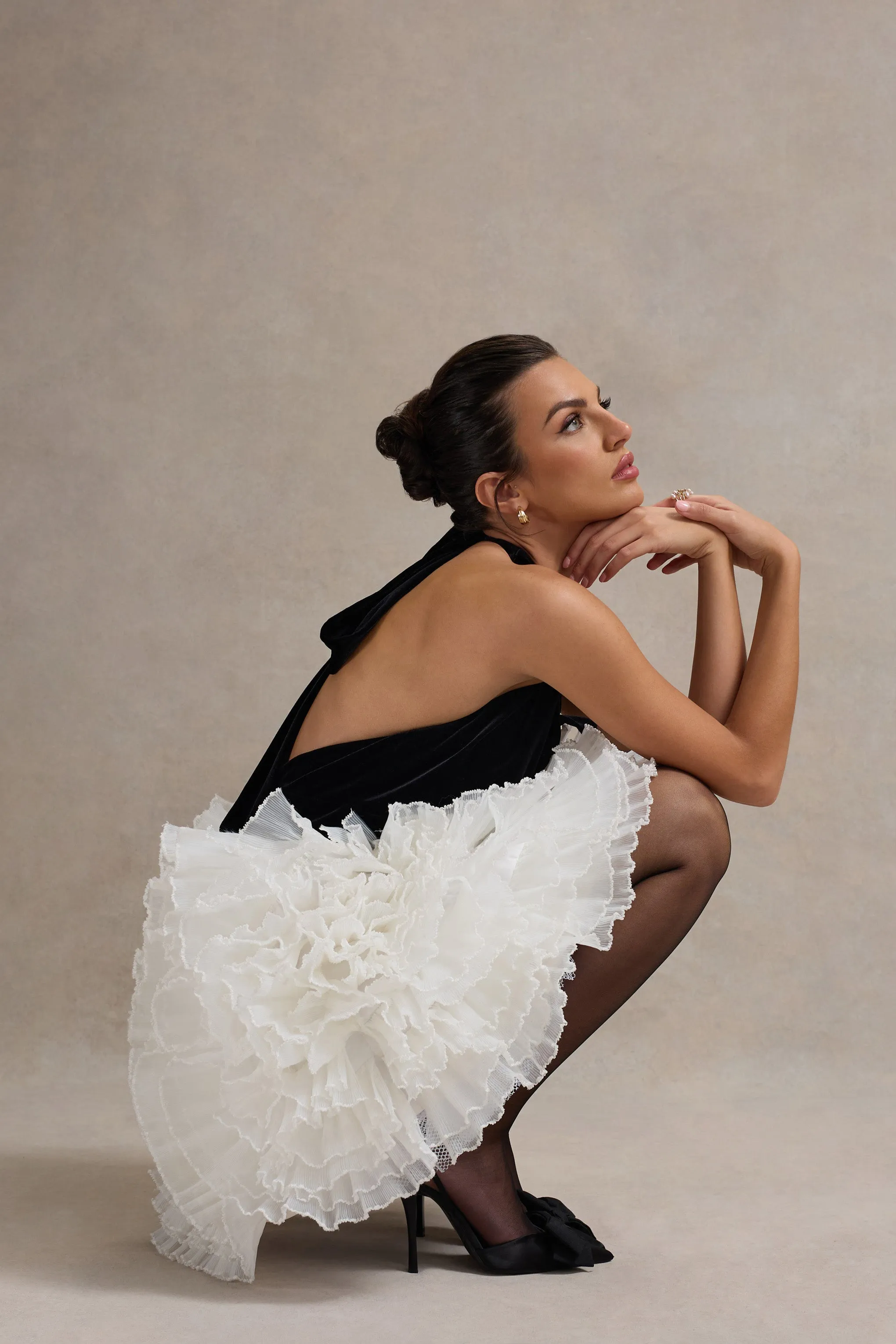 Meringue | Black Velvet Plunge-Neck Mini Dress With Tulle Skirt