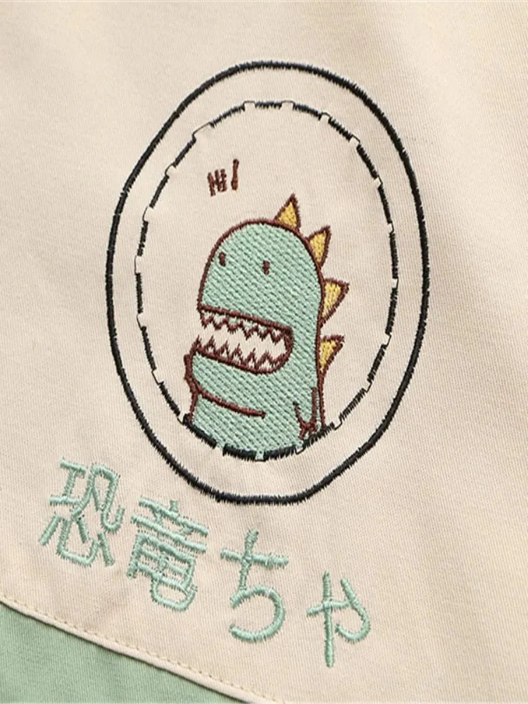 Metaversmall Cartoon Dinosaur Embroidery Hooded Jackets Autumn Long Sleeve Kawaii Cute Zipper Coats Casual Loose Harakuju Outwears