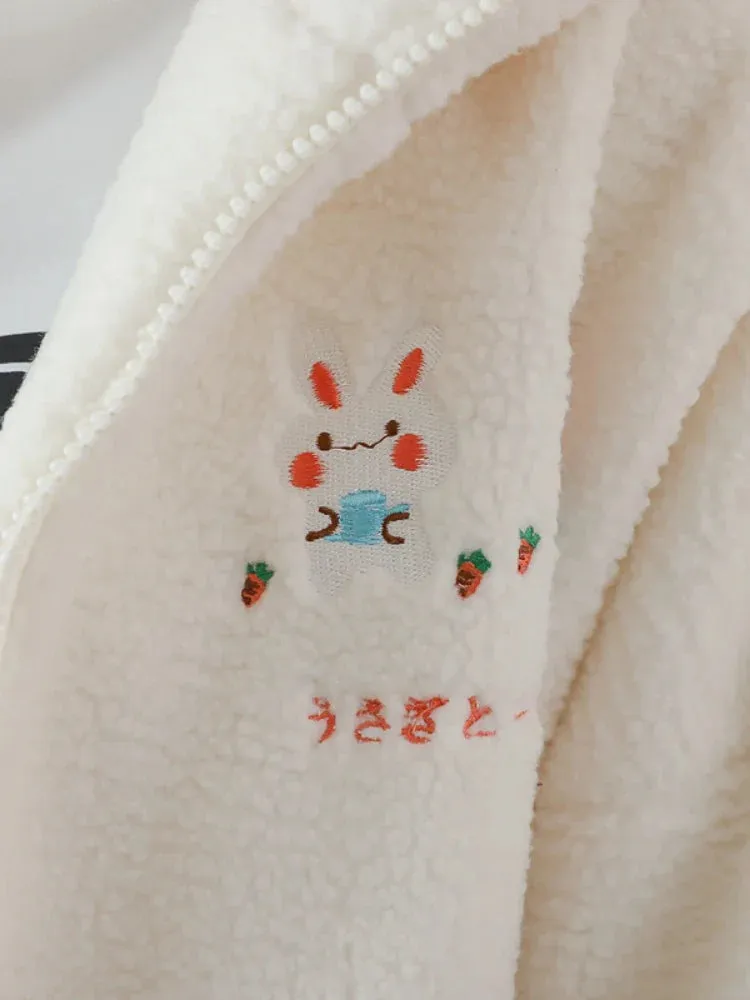 Metaversmall Lamb Wool Kawaii Zipper Hooded Jackets Women Cartoon Rabbit Embroidery Harajuku Warm Coat  Winter Long Sleeve Thick Outwears