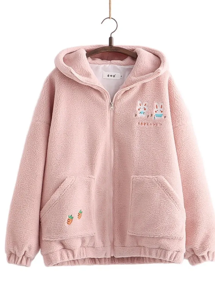 Metaversmall Lamb Wool Kawaii Zipper Hooded Jackets Women Cartoon Rabbit Embroidery Harajuku Warm Coat  Winter Long Sleeve Thick Outwears