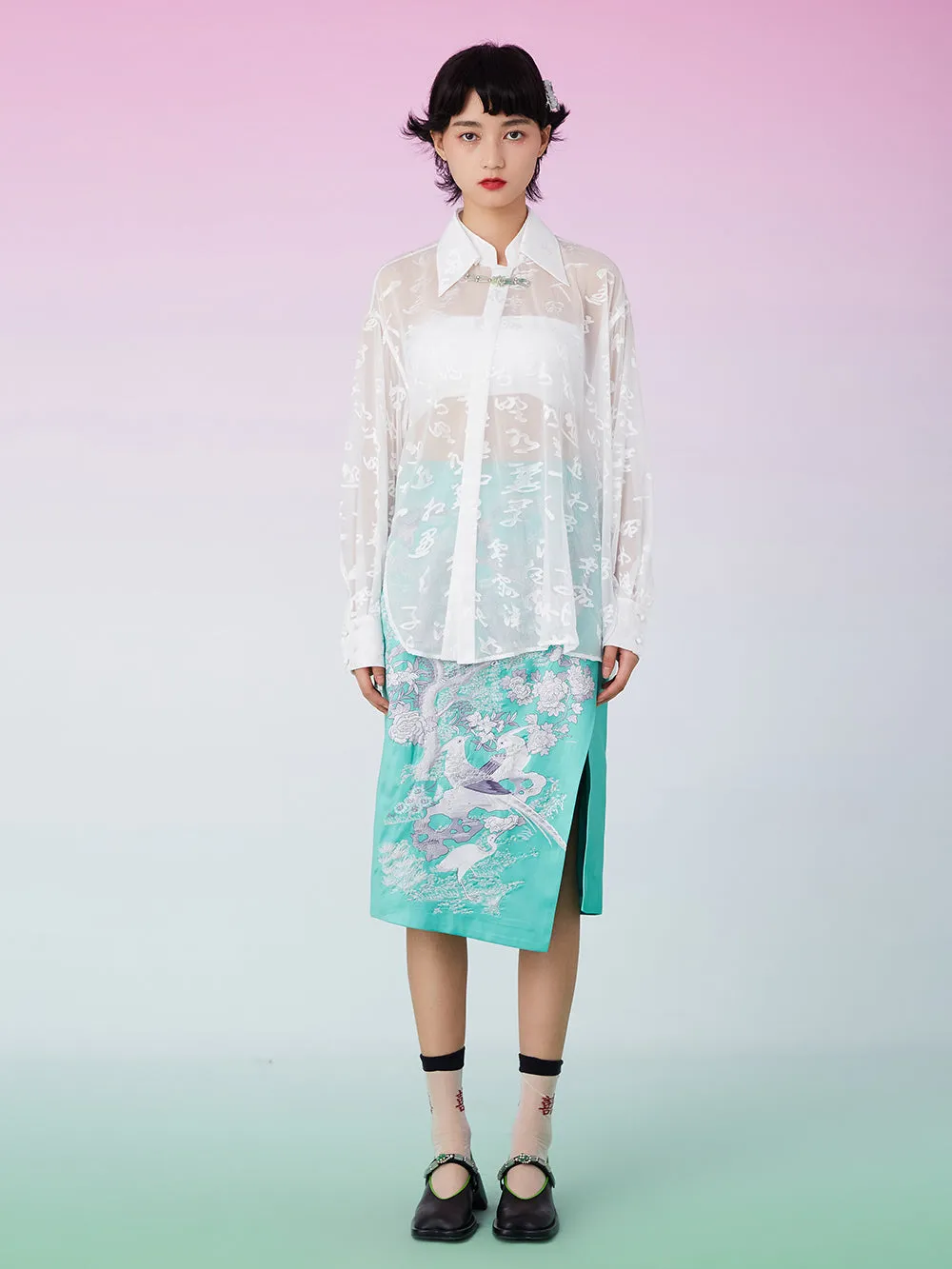 MUKZIN Floral Embroidery Split Green Skirt