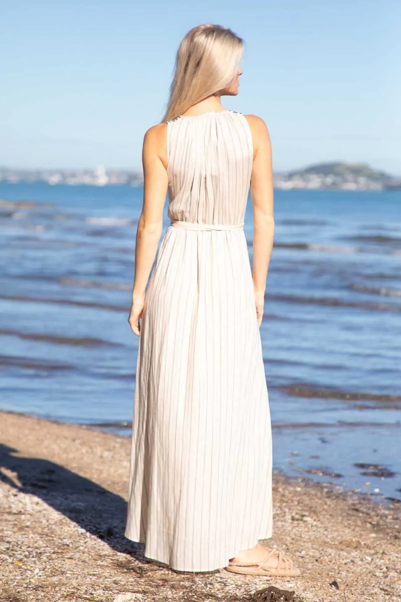 Muriwai Wrap Dress - Beige Pinstripe