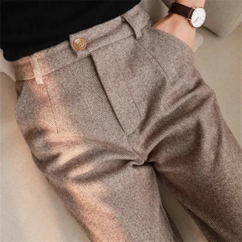 Office Lady Pants - Stylish High Waist Winter Pants with Button Fly Closure & Decorative Buttons