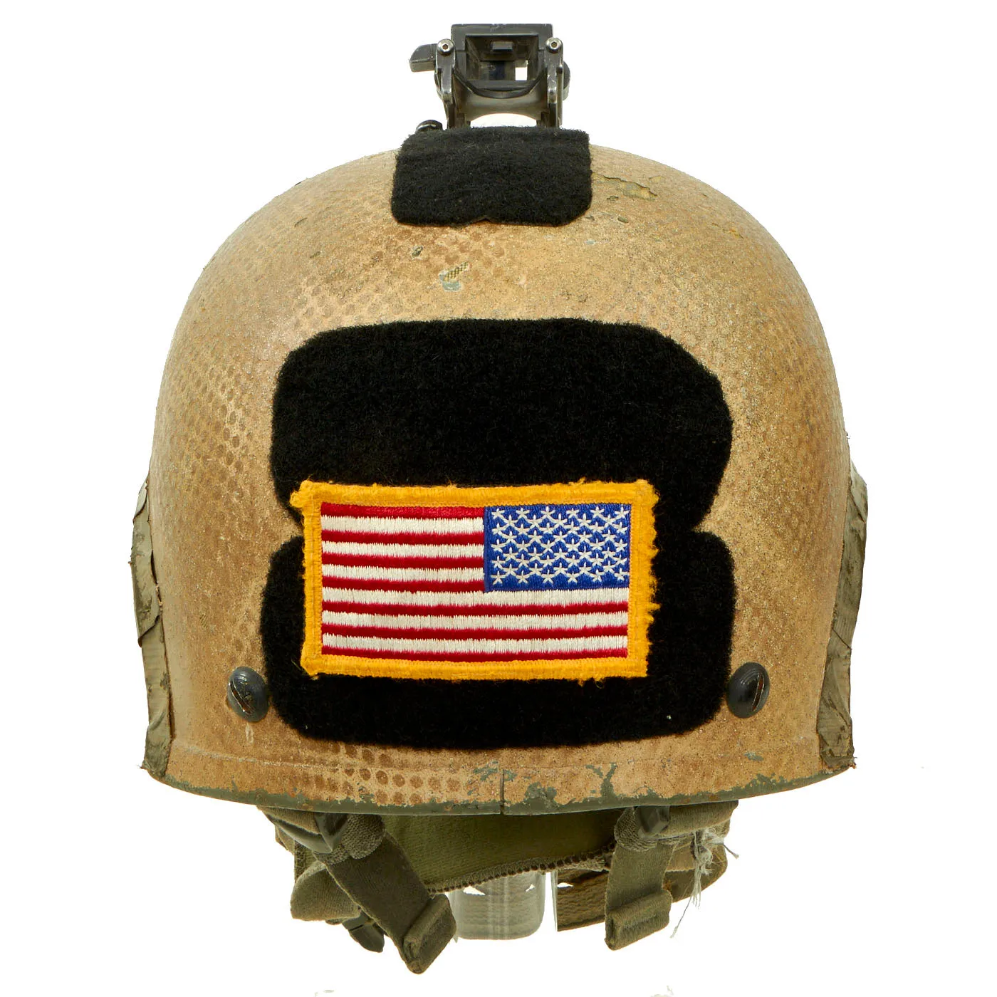 Original U.S. Global War on Terror Special Forces Early High Cut ACH/MICH Helmet With Night Vision “Rhino Mount” and Base Plate - Laundry Bag Overlay Camouflaged