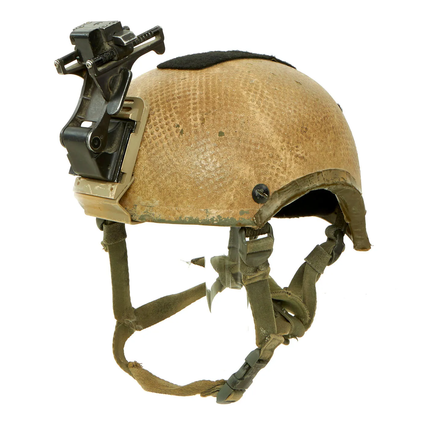 Original U.S. Global War on Terror Special Forces Early High Cut ACH/MICH Helmet With Night Vision “Rhino Mount” and Base Plate - Laundry Bag Overlay Camouflaged