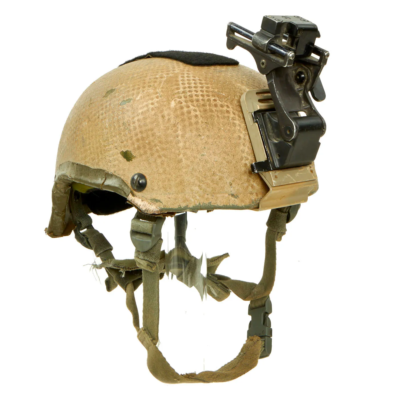 Original U.S. Global War on Terror Special Forces Early High Cut ACH/MICH Helmet With Night Vision “Rhino Mount” and Base Plate - Laundry Bag Overlay Camouflaged