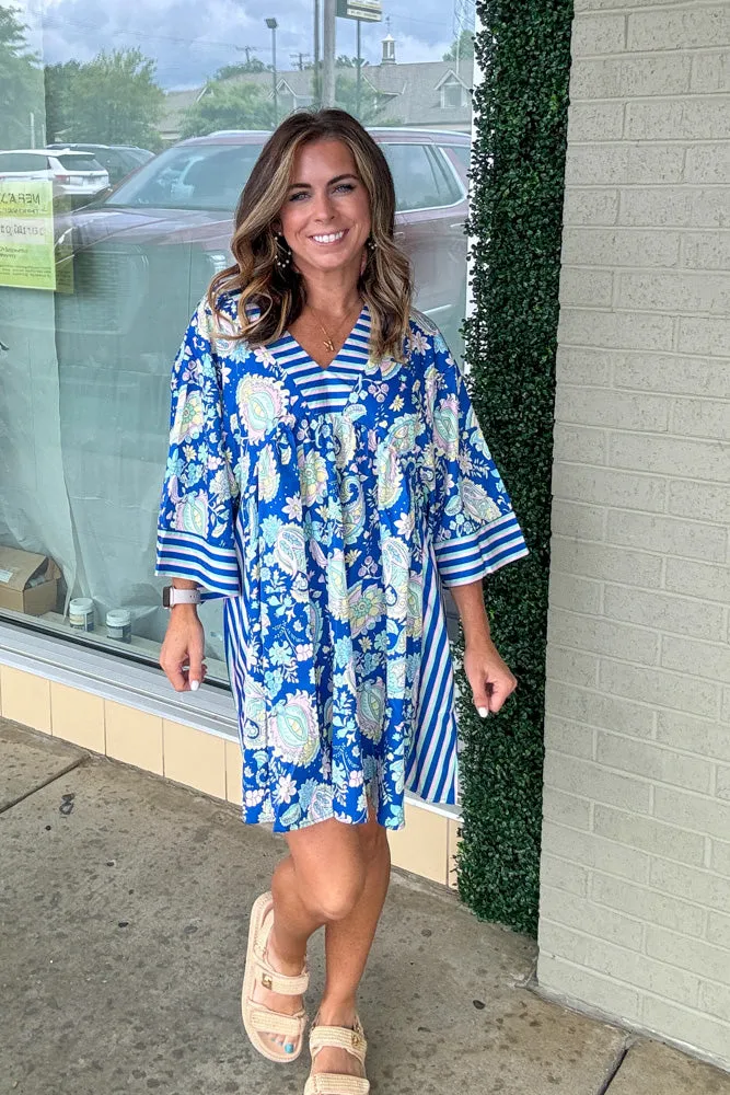 Paisley Print Wide Sleeve V-Neck Short Dress-Blue