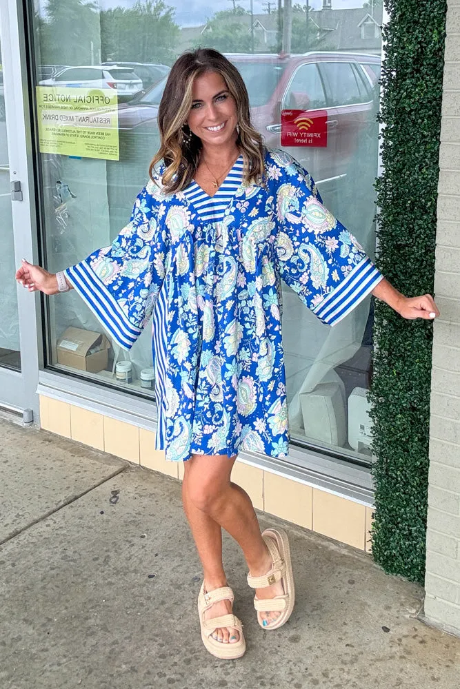 Paisley Print Wide Sleeve V-Neck Short Dress-Blue