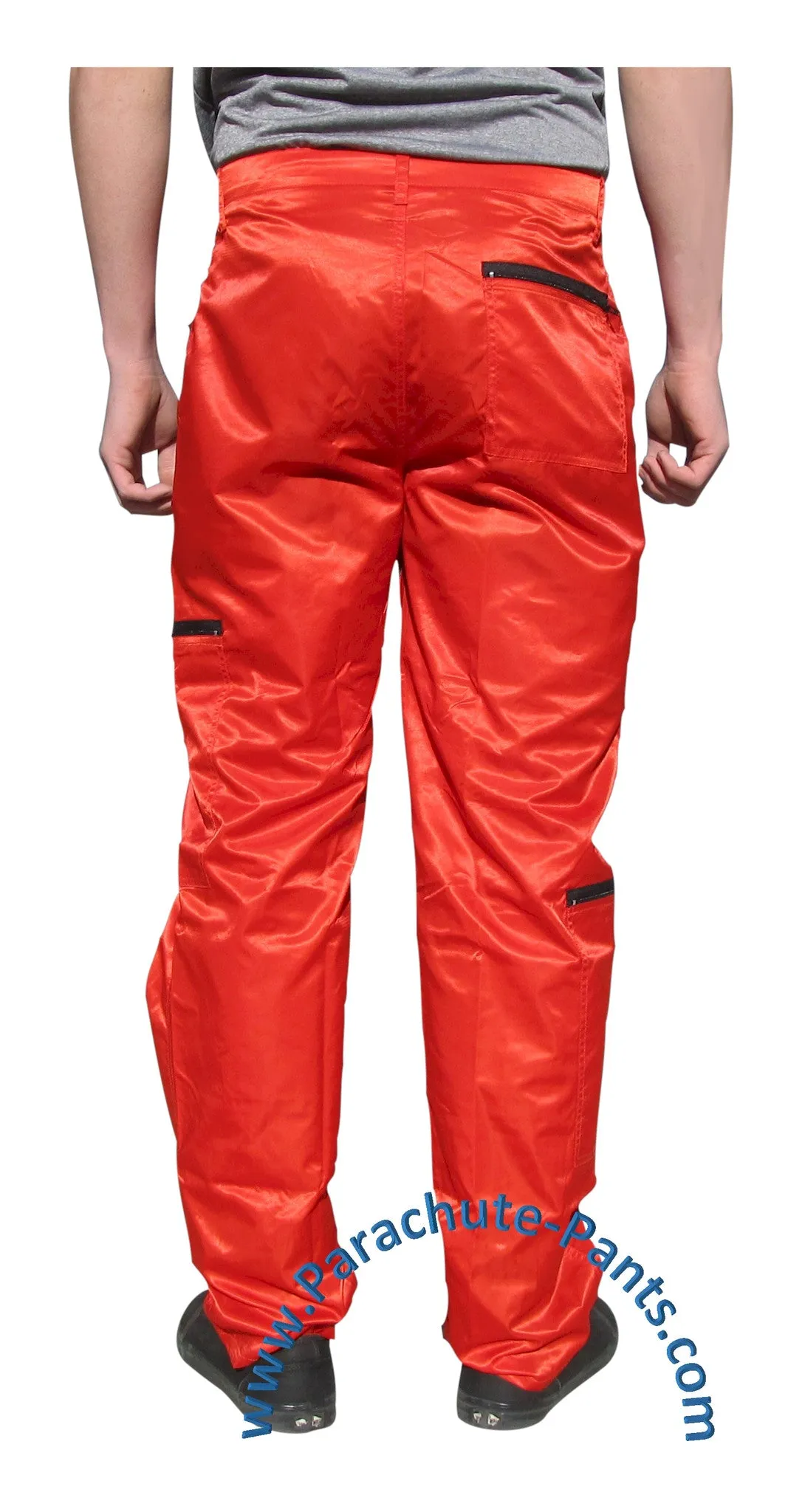 Panno D'Or Red Nylon Parachute Pants with Black Zippers