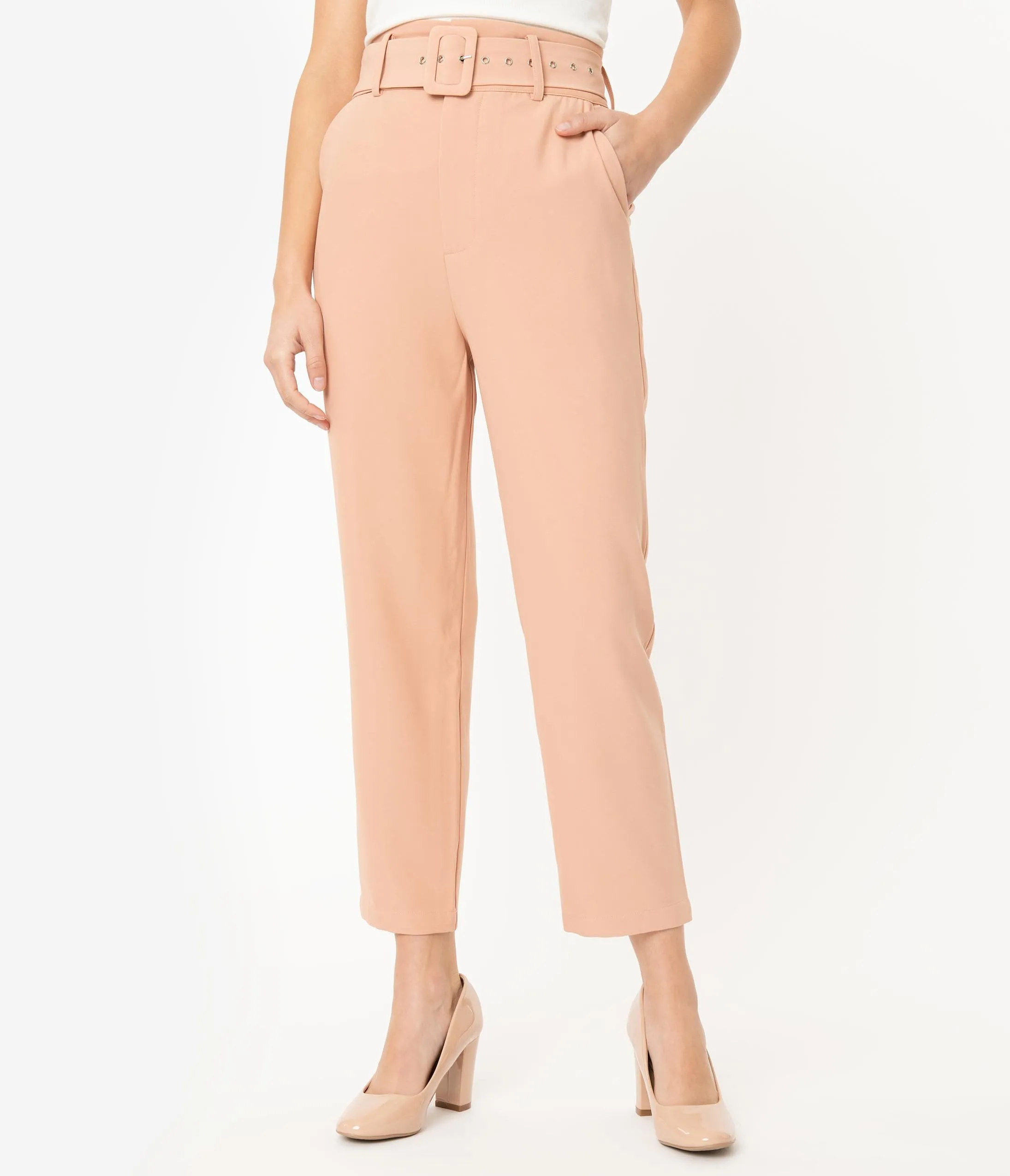 Peach High Waist Belted Ankle Length Trousers