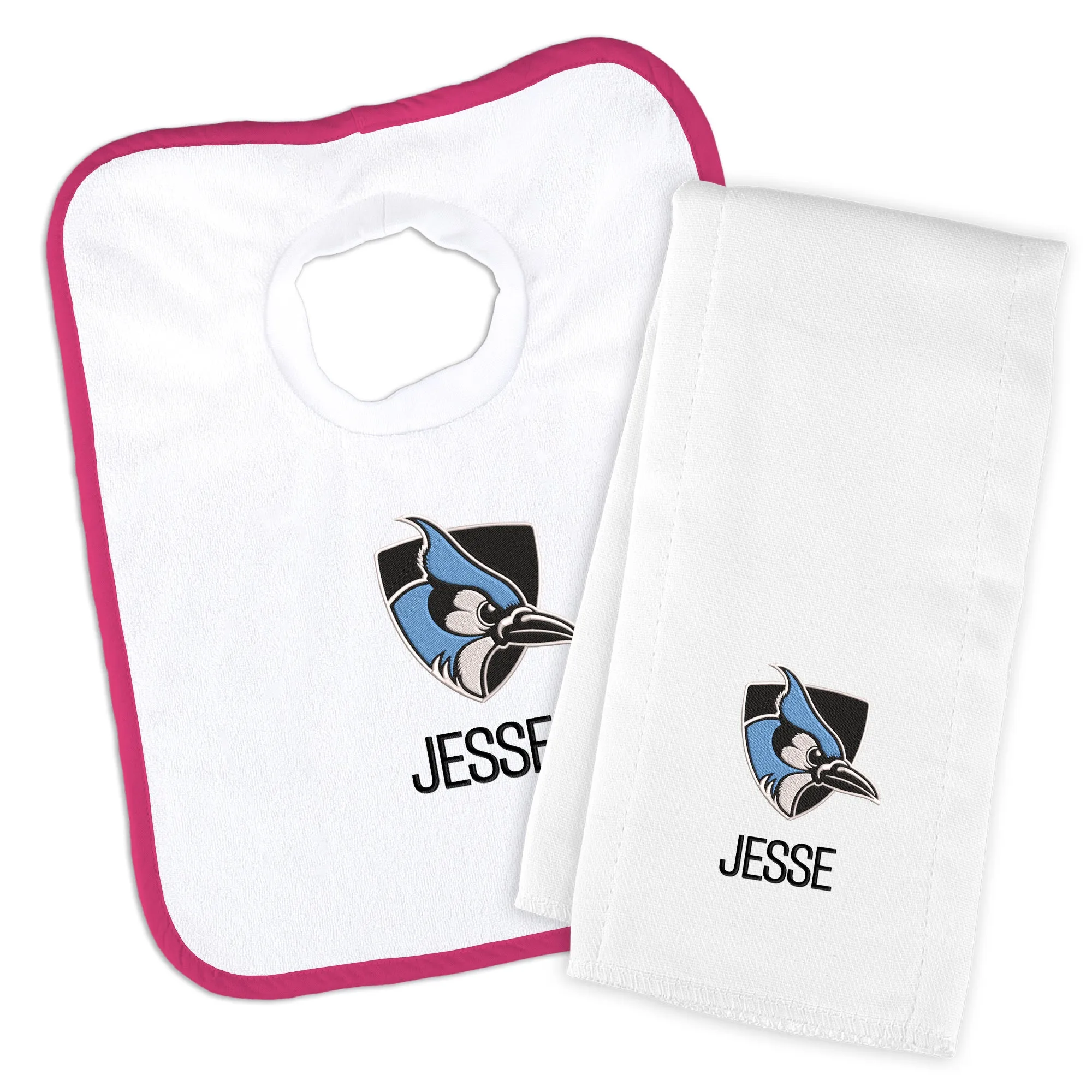 Personalized Johns Hopkins Blue Jays Bib and Burp Cloth Set