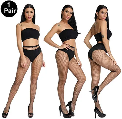 PLUMBURY Women's/Girls's High Waist Pantyhose Tights Fishnet Stockings Broad Mesh Net Style, Free Size, Black