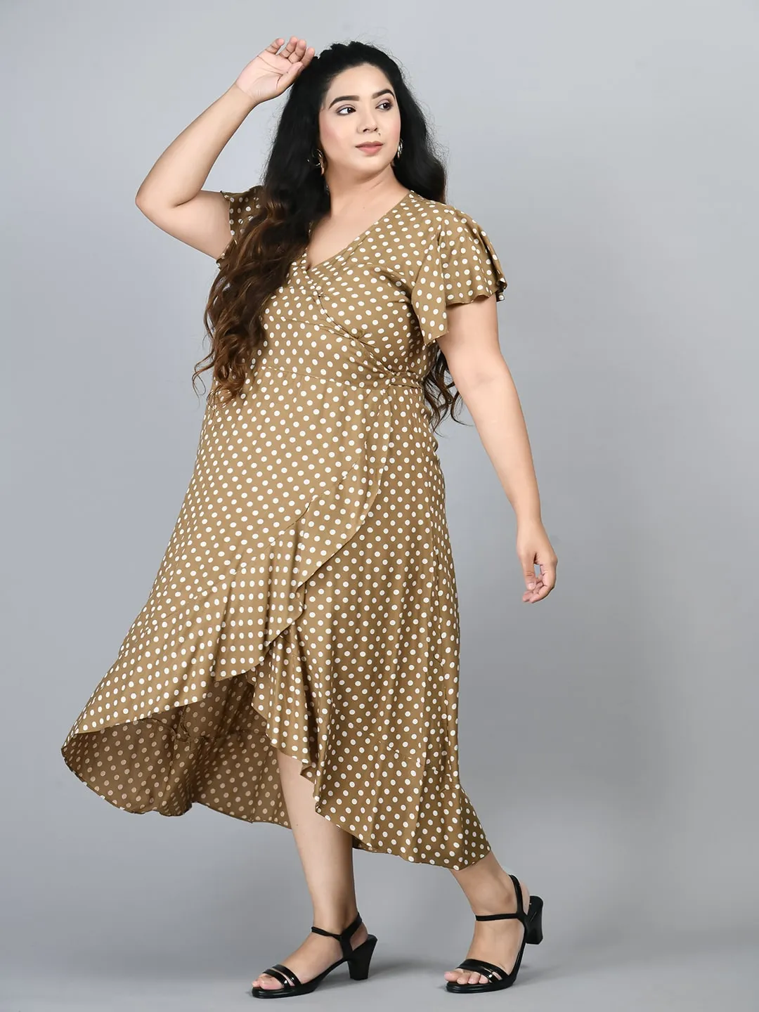 Plus Size Plus Size Beige Polka Dots Wrap Dress