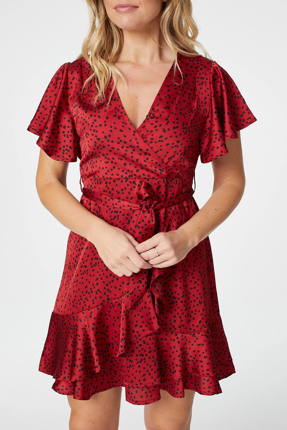 Polka Dot Frilled Wrap Mini Dress