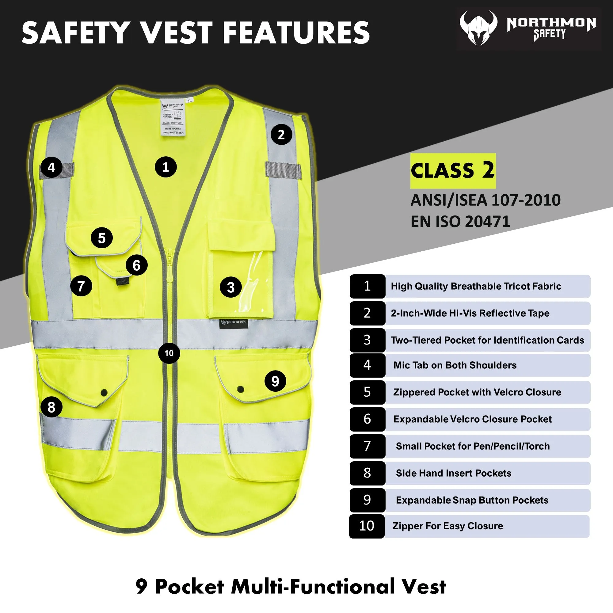 Premium Hi Vis Surveyor Safety Vest 9 Pockets - ANSI Class 2