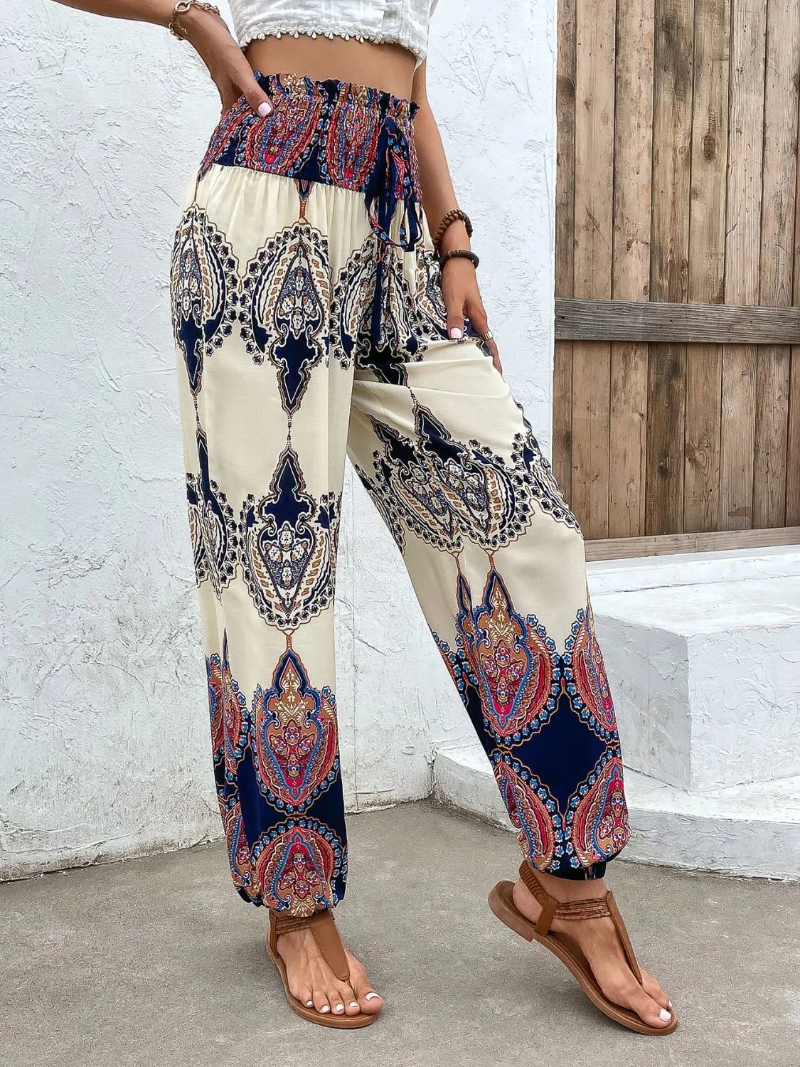 Printed Smocked High Waist Pants