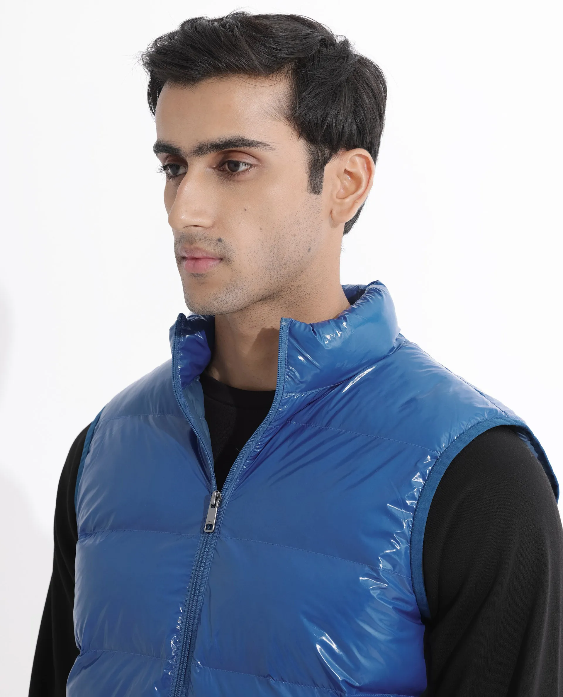 Rare Rabbit Men's Cover Dark Blue Metallic High Neck Quilted Puffer Jacket