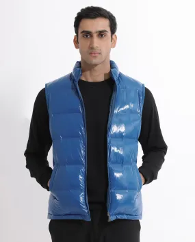 Rare Rabbit Men's Cover Dark Blue Metallic High Neck Quilted Puffer Jacket