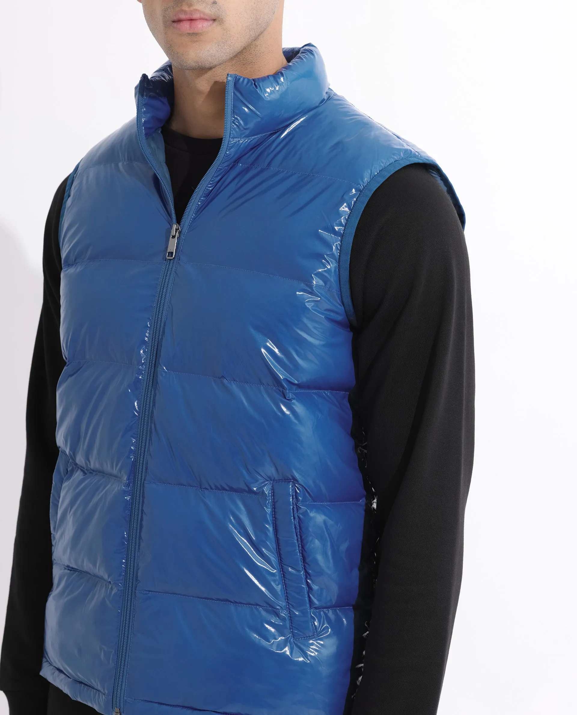 Rare Rabbit Men's Cover Dark Blue Metallic High Neck Quilted Puffer Jacket