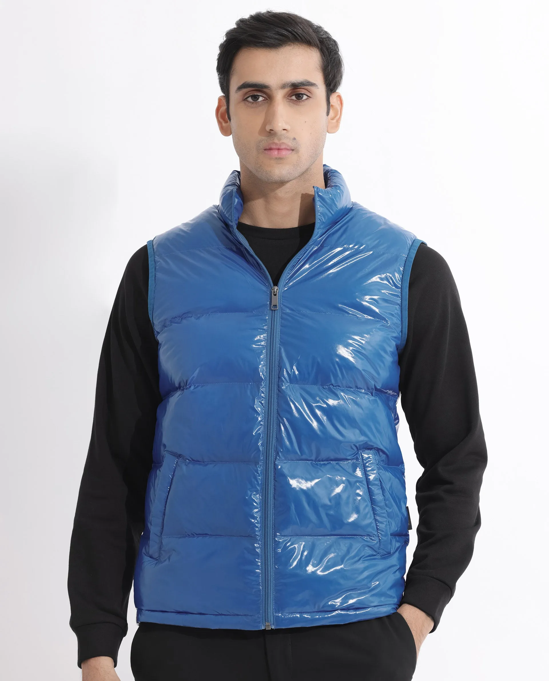 Rare Rabbit Men's Cover Dark Blue Metallic High Neck Quilted Puffer Jacket