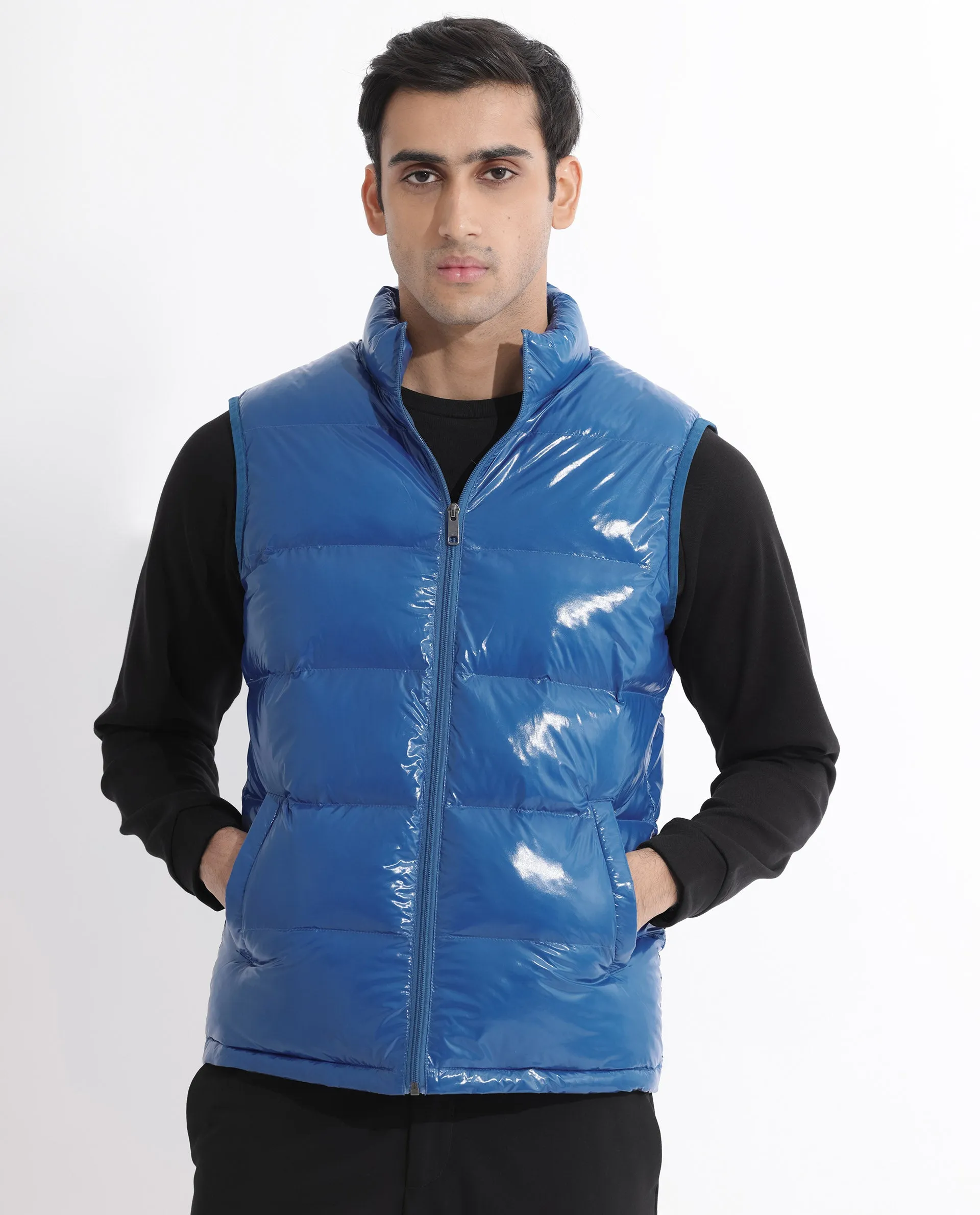 Rare Rabbit Men's Cover Dark Blue Metallic High Neck Quilted Puffer Jacket