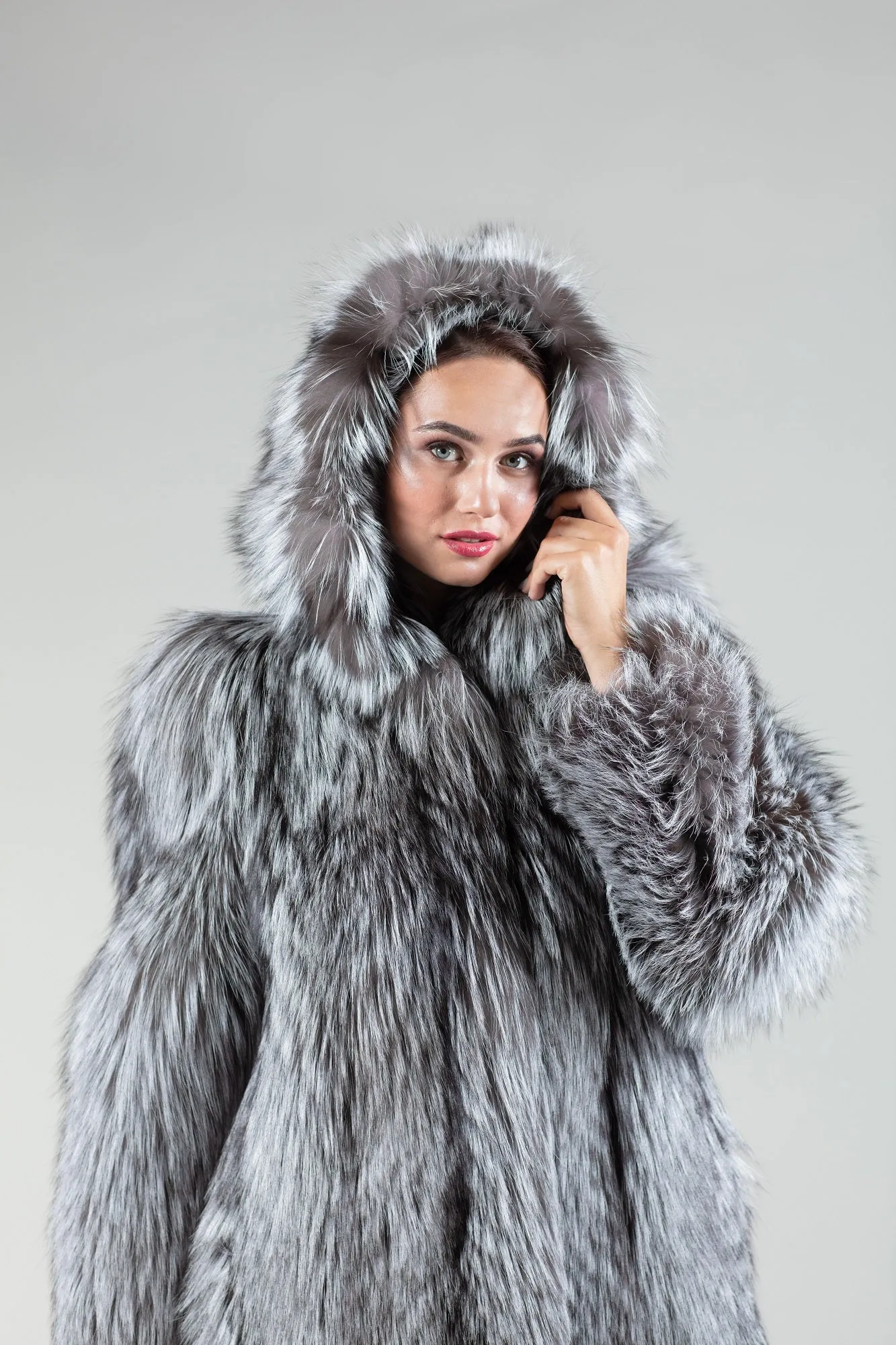 Real Silver Fox Fur Coat Hooded